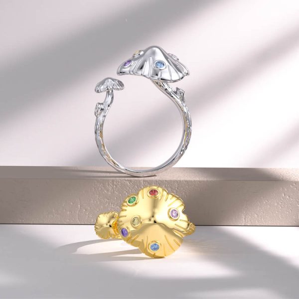 18k Gold Gemstone Cute Mushroom Ring