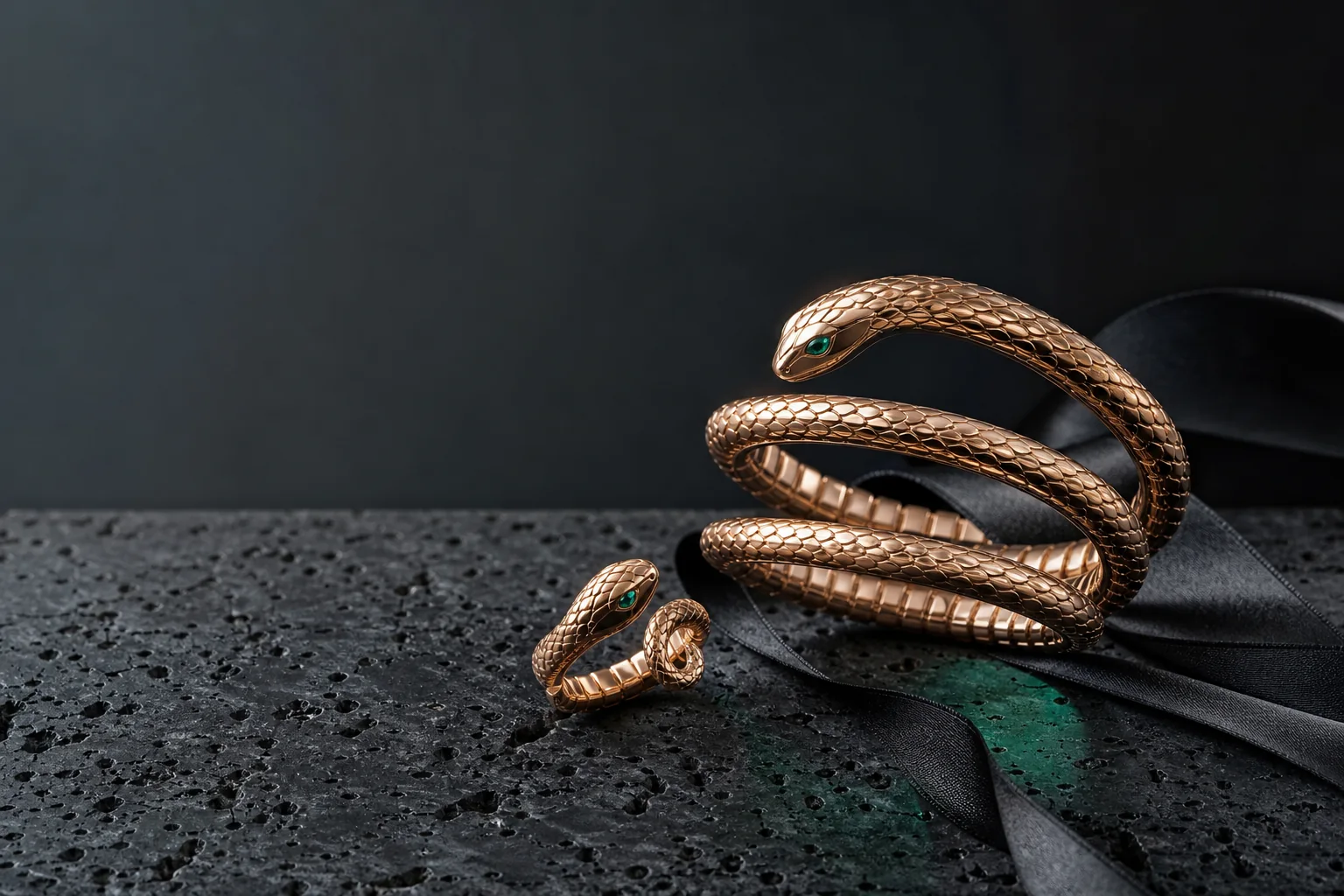 Original serpent-inspired rose-gold jewelry on dark stone for a 2026 Serpenti buying guide