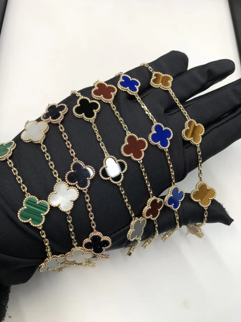 Top-quality Vintage Alhambra-style bracelets made with whole natural-stone motifs in several colors