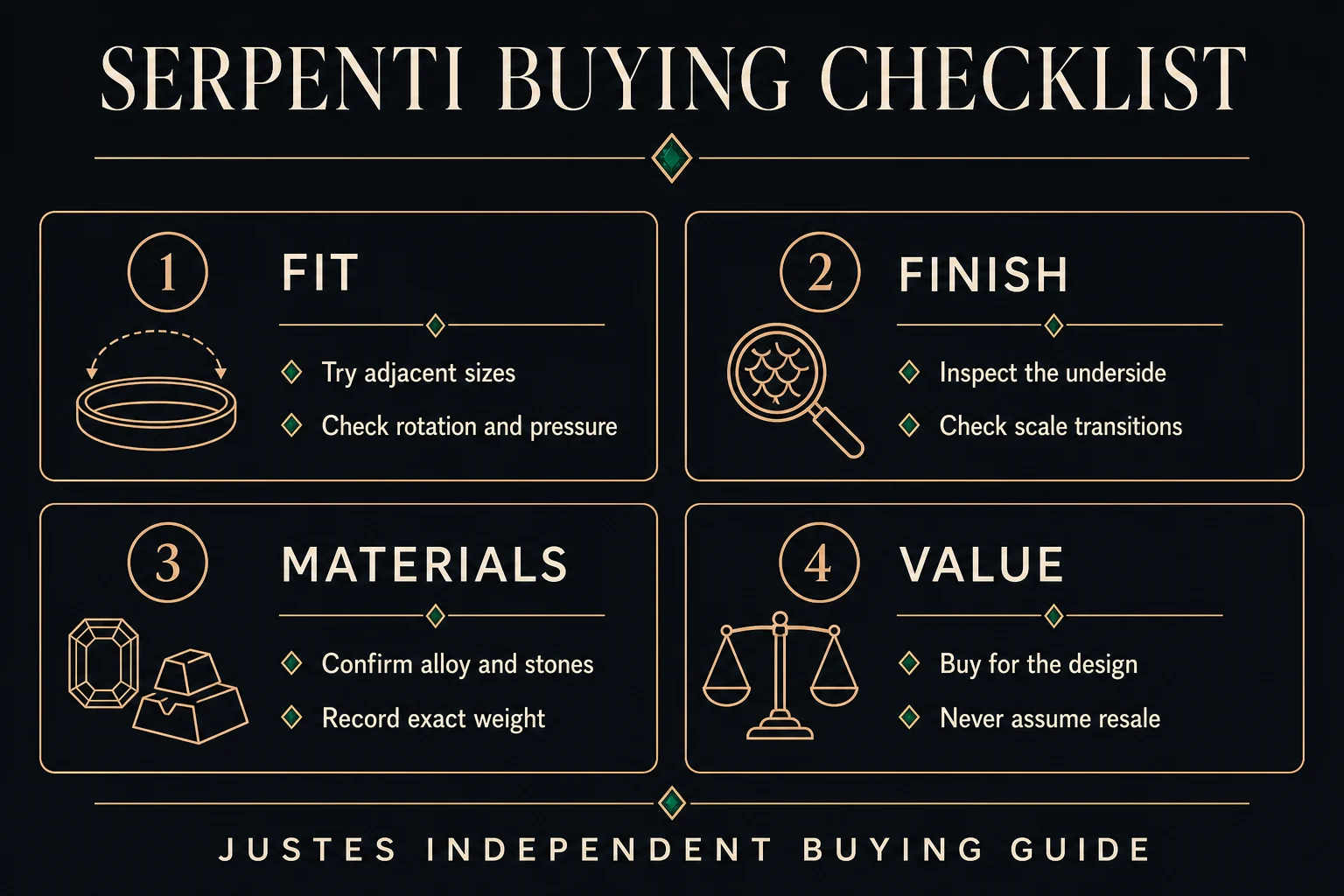 Serpenti buying checklist covering fit, finish, materials and value