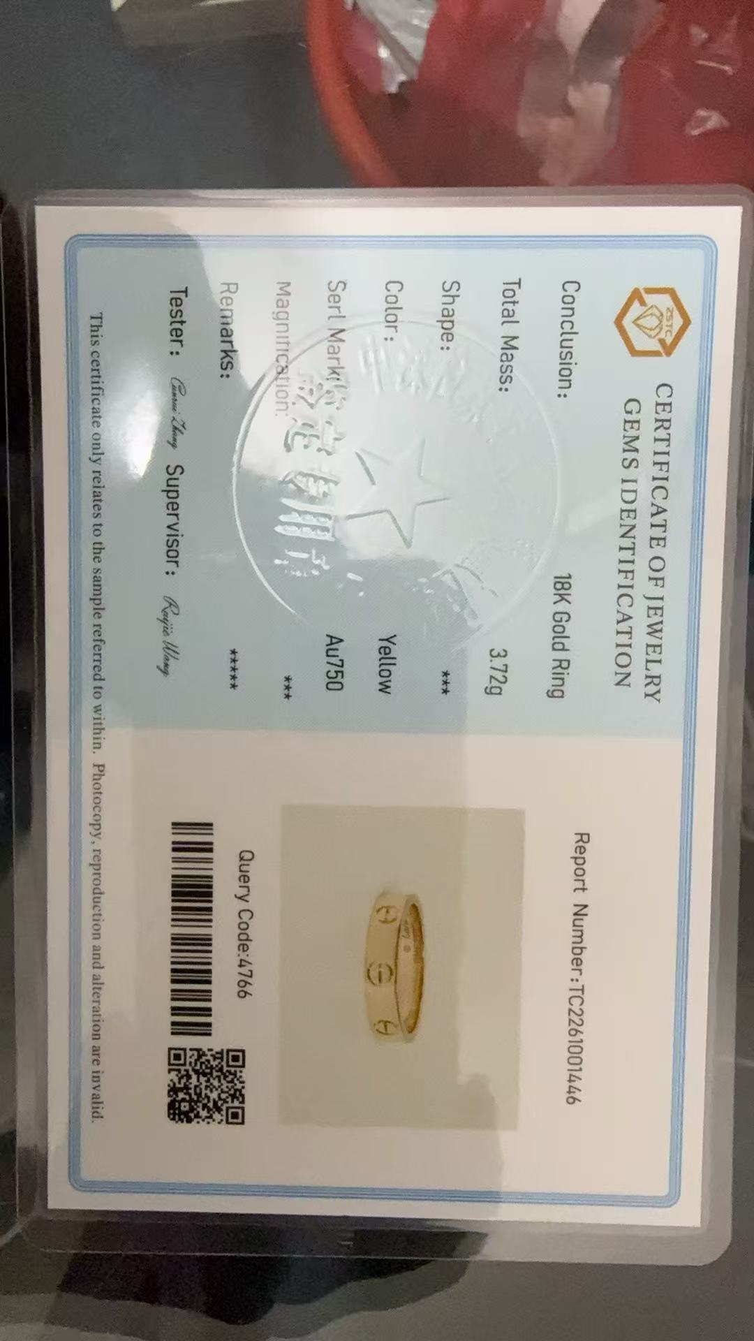 Supplied ZSTC-logo report TC2261001446 stating 18K Gold Ring, 3.72 g, Yellow and Au750
