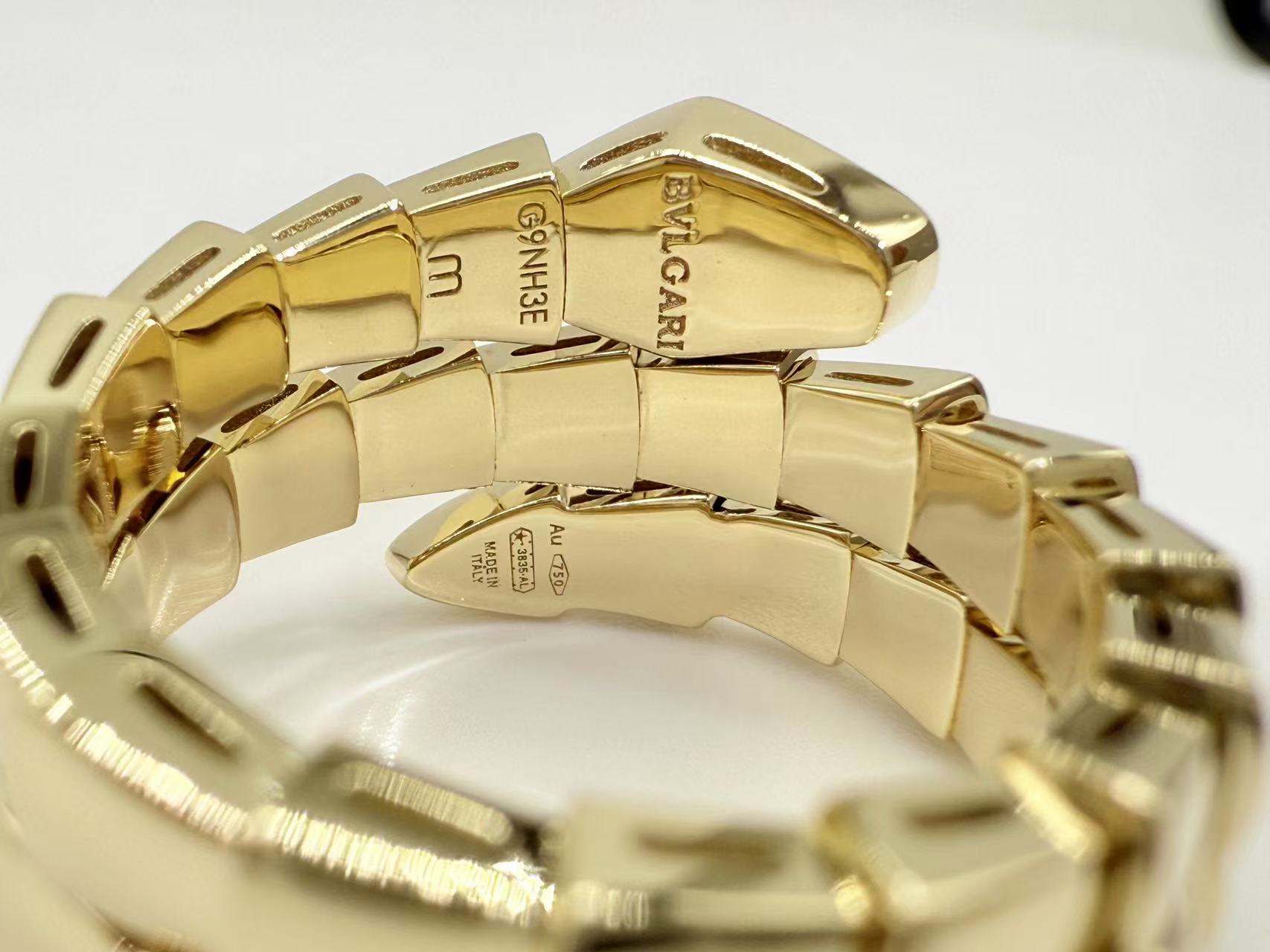 Angled inner-profile view of a Justes double-coil replica ring with polished gold-colored scale-like segments